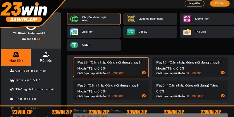 Hệ thống liên kết với nhiều ngân hàng để hỗ trợ người chơi nạp tiền 23WIN